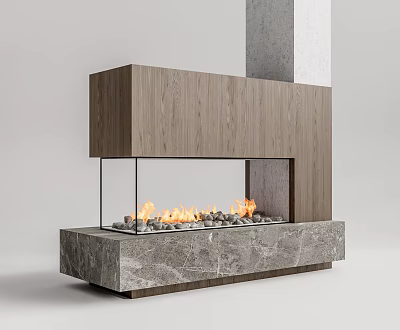Modern Fireplace With Wooden Frame Glass Enclosure Marble Base And Burning Flames 3d model