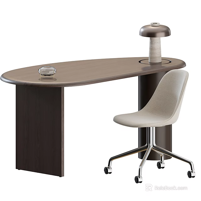 Modern Oval Shaped Dark Brown Wooden Office Desk With Desk Lamp And Beige Rolling Chair 3d model 
