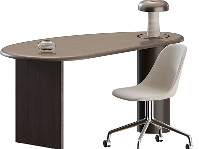 Modern Oval Shaped Dark Brown Wooden Office Desk With Desk Lamp And Beige Rolling Chair 3d model