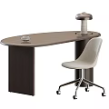 Modern Oval Shaped Dark Brown Wooden Office Desk With Desk Lamp And Beige Rolling Chair