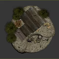 Cartoon Scene With Wooden Barn Pine Trees Water Tower Stones Hay And Fence