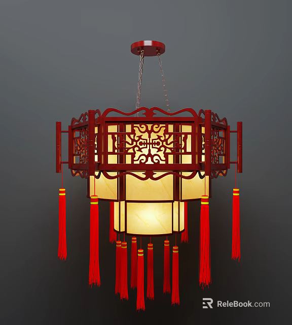 Chinese Traditional Chandelier With Red Carved Frame White Lampshade And Red Tassels 3d model 