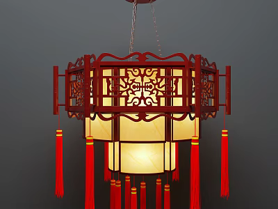 Chinese Traditional Chandelier With Red Carved Frame White Lampshade And Red Tassels 3d model