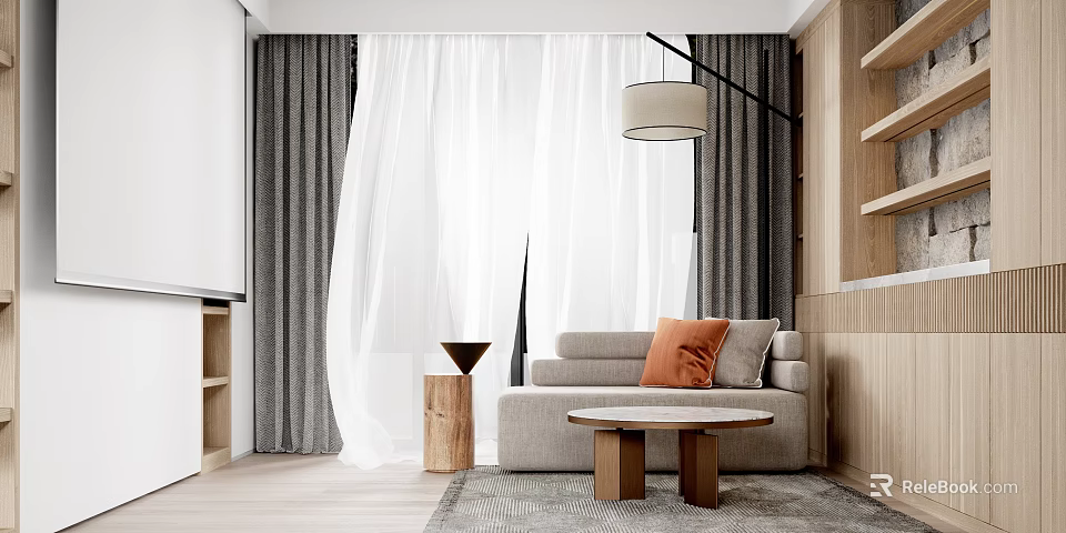 Modern Minimalist Living Room Interior With Gray Sofa Orange Cushion Wooden Coffee Table And Curtains 3d model 
