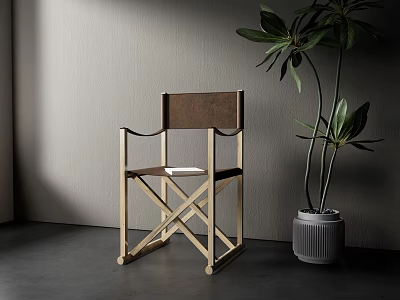 Stylish Leisure Chair with Wooden Cross Legs Brown Seat a Book and Potted Plant 3d model