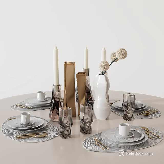 Modern Tableware Set With Plates Cups Cutlery Woven Placemats Vase Candles And Glassware 3d model 