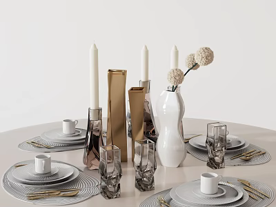 Modern Tableware Set With Plates Cups Cutlery Woven Placemats Vase Candles And Glassware 3d model