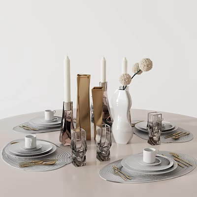 Modern Tableware Set With Plates Cups Cutlery Woven Placemats Vase Candles And Glassware 3d model