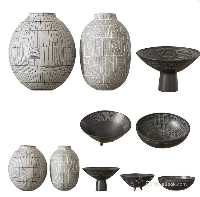 Ceramic Vases And Bowls With Geometric Line Patterns For Modern Home Decor 3d model