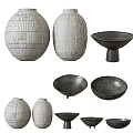 Ceramic Vases And Bowls With Geometric Line Patterns For Modern Home Decor 3d model