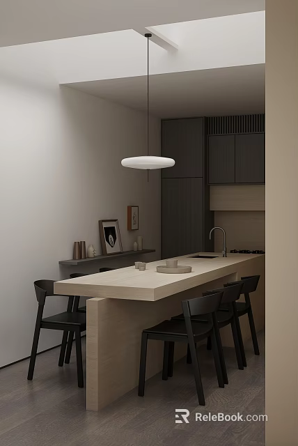 Modern Restaurant Interior With Light Wood Bar Counter Black Chairs And White Pendant Light 3d model 