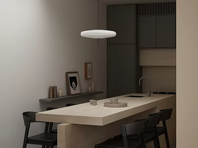 Modern Restaurant Interior With Light Wood Bar Counter Black Chairs And White Pendant Light 3d model