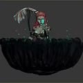 Red Haired Female Character In Glowing Pool With Lily Pads And Aquatic Creatures