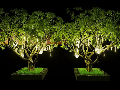 Illuminated Arbor Trees With Hanging Lights And Square Bases On Green Grass 3d model
