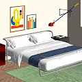 Modern Bedroom With Metal Frame Bed White Sheets Blue Blanket Red Nightstand And Green Rug