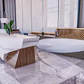 Modern Reception Desk With White Stone Top Wooden Accents And Green Plant Decor