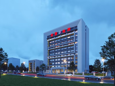 Modern Multi Storey Industrial Factory Building Exterior With Road Vehicles Trees And Streetlights 3d model