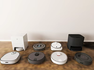 Modern Robot Vacuum Cleaners in Various Colors on Wooden Floor with White Wall Background 3d model