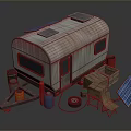 Wooden Camper Van With Solar Panels Top Fuel Cans Crate Chair And Tire