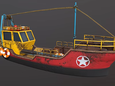 Rusty Red And Yellow Ship With Lifebuoy Railing And White Star Emblem 3d model