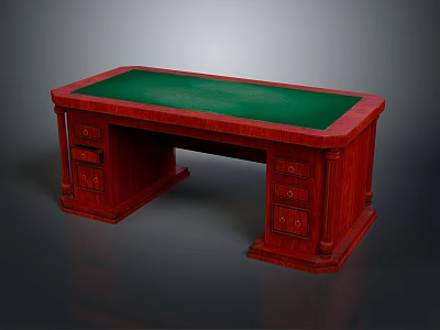 Classic Red Wooden Office Desk With Green Desktop And Side Storage Drawers 3d model