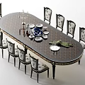 Elegant Oval Dining Table Set with Patterned Chairs Gold Accents Candelabra and Tableware 3d model