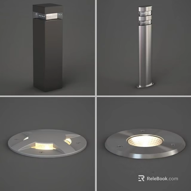 Modern Outdoor Lighting Combinations with Pillar and Recessed Floor Lights in Stainless Steel 3d model 