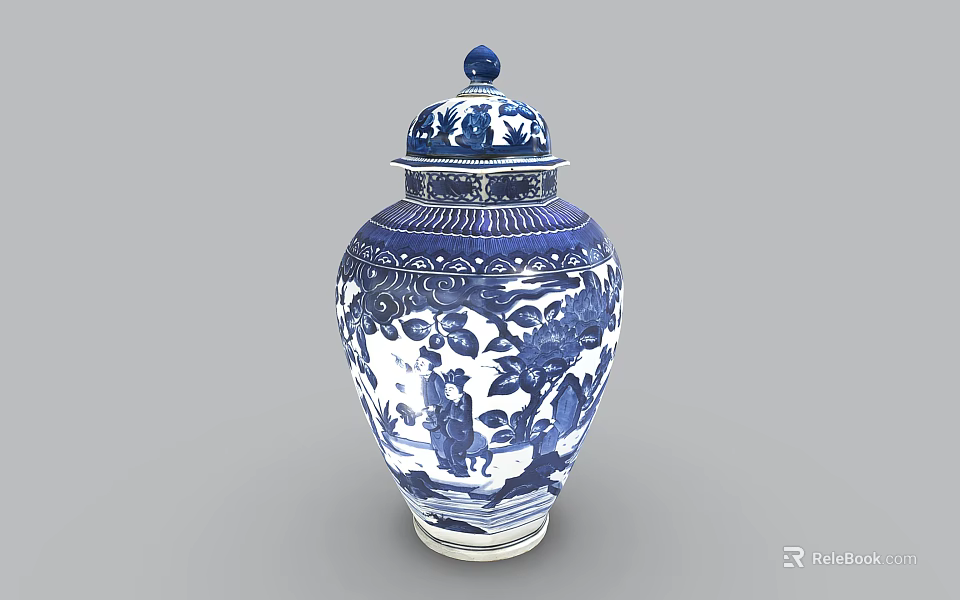 Traditional Blue and White Ceramic Jar with Decorative Lid and Intricate Floral Figure Patterns 3d model 