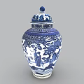 Traditional Blue and White Ceramic Jar with Decorative Lid and Intricate Floral Figure Patterns