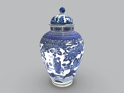 Traditional Blue and White Ceramic Jar with Decorative Lid and Intricate Floral Figure Patterns 3d model