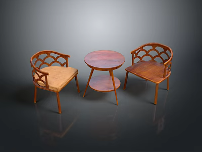 Traditional Wooden Dining Chairs With Carved Backrest And Padded Seat Paired Round Table 3d model
