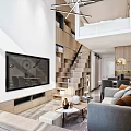 Modern Loft Apartment With Wooden Staircase Living Room Sofa Coffee Table And Artwork