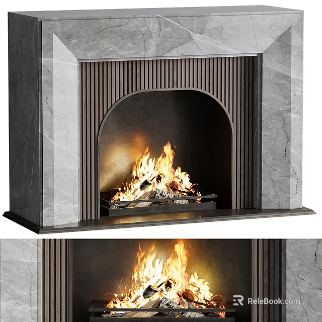 Modern Arched Marble Fireplace With Burning Flames And Decorative Trim 3d model 