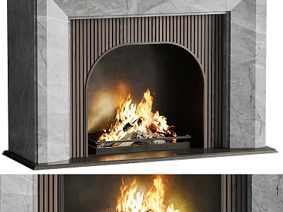 Modern Arched Marble Fireplace With Burning Flames And Decorative Trim 3d model