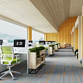 Modern Open Public Office Space With Large Windows Computers And Green Plants 3d model