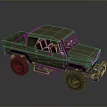 Military Green Off Road Pickup Truck With Large Tires Open Cargo Bed And Wooden Seats