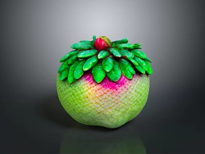 Green And Pink Gradient Decorative Fruit With Lush Green Leafy Top And Red Accent 3d model