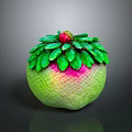 Green And Pink Gradient Decorative Fruit With Lush Green Leafy Top And Red Accent