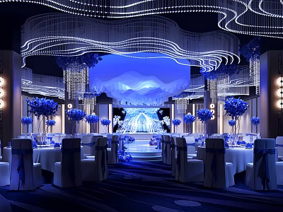 Elegant Banquet Restaurant Interior With Blue Decor Chandeliers Tables Chairs And Flowers 3d model