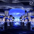 Elegant Banquet Restaurant Interior With Blue Decor Chandeliers Tables Chairs And Flowers