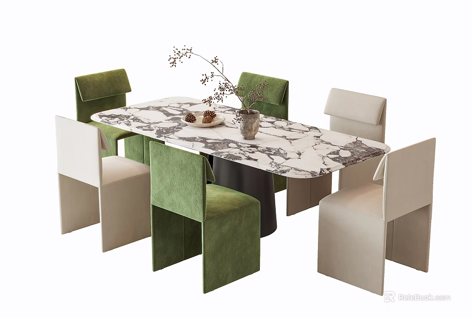 Modern Dining Table Set With Marble Patterned Tabletop Green And Beige Chairs 3d model