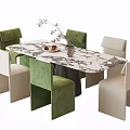 Modern Dining Table Set With Marble Patterned Tabletop Green And Beige Chairs 3d model
