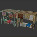 Bamboo Fabric Stalls With Hanging Colorful Fabrics And Small Tables Below