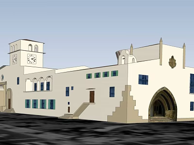 Traditional White Building Exterior Featuring Clock Tower Arched Doorway And Windows 3d model