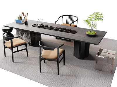 Modern Tea Table and Chairs with Wooden Surface Tea Set and Green Plant 3d model
