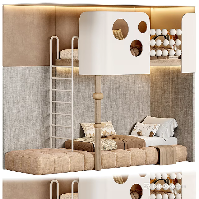 Cozy Bunk Bed In Kids Bedroom With Wooden Ladder Soft Pillows And Wall Round Cutouts 3d model 