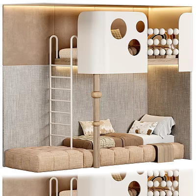 Cozy Bunk Bed In Kids Bedroom With Wooden Ladder Soft Pillows And Wall Round Cutouts 3d model
