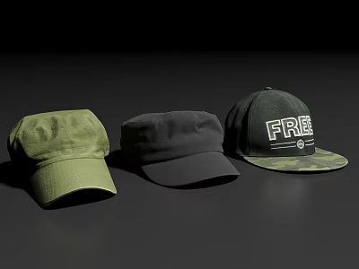 Three Different Hats Including Green Flat Cap Black Baseball Cap And Camouflage With FIRE Lettering 3d model