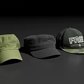 Three Different Hats Including Green Flat Cap Black Baseball Cap And Camouflage With FIRE Lettering