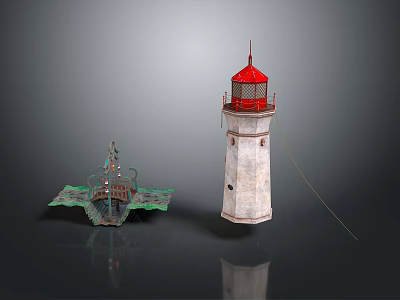 Two Decorative Lighthouse Model Furniture Pieces With Red Top White Body And Green Base 3d model